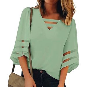 Super cute bell sleeve, V neck top in mint green